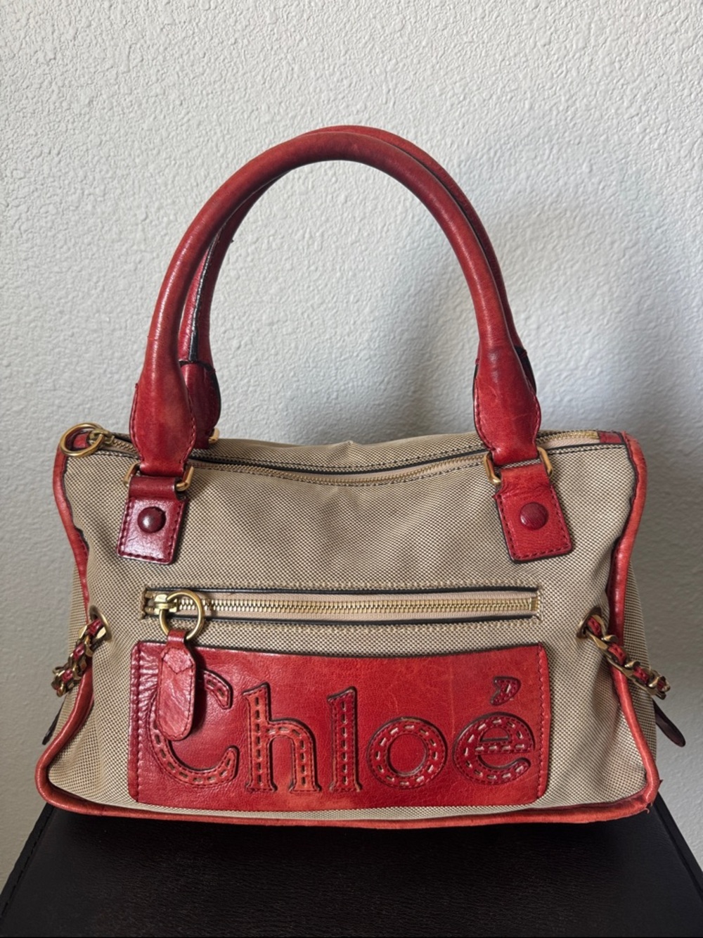 Chloe Harley Tote Shoulder Bag Red Leather Tan Canvas Phoebe Philo Era